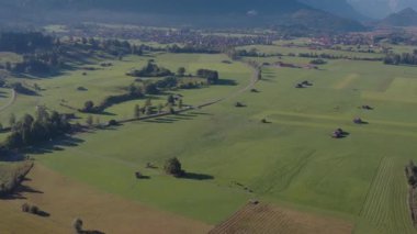 Almanya 'da yaz aylarında Bavyera tarım arazilerinin insansız hava aracı görüntüsü. Bavyera köyü, tarlalar boyunca yol. Tarlalar arasında tek tek ahşap evler. Bavyera, Almanya