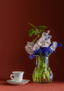 Bir fincan beyaz kiraz çiçekleri ve şeffaf bir vazoda mavi muscari çiçekleri ile hayat, yanında koyu bir arka planda havadar bir şal uzanıyor. Klasik stil
