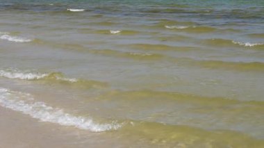 Baltık Denizi 'ndeki yumuşak dalgaların yavaş çekim görüntüleri. Işık oyunuyla suyun sakin hareketi. Barışın atmosferi. Doğa, seyahat ve dinlenme temaları için uygun..