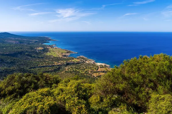 Kıbrıs Rum Kesimi 'ndeki Çeşme Amoros kıyı şeridinin doğal kaya oluşumları ve kristal berrak Akdeniz sularıyla manzarası. Huzurlu manzaralarıyla bilinen huzurlu bir seyahat yeri..