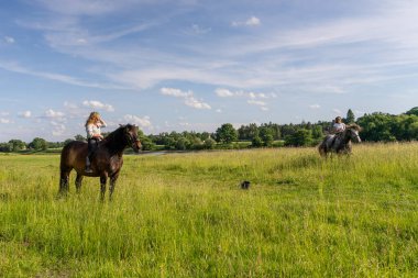 Uzun otların arasında eyersiz ata binen iki kız. Doğal ışık, sakin kırsal atmosfer insan ve hayvan arasındaki özgürlüğü, güveni ve uyumu simgeliyor..
