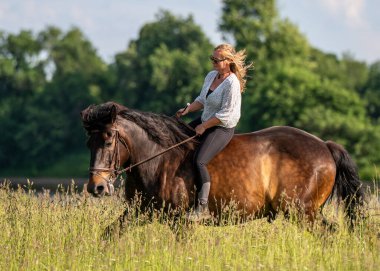 Genç bir kadın at sırtında uzun otların arasında ata biniyor. Saçları rüzgarda arkasında uçuşuyor, özgürlüğün, hareketin ve vahşi güzelliğin özünü yakalıyor..