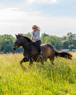 Genç bir kadının otlak arazide eyersiz dört nala koşuşunun dinamik sahnesi. Akan saçlar ve açık arazi doğayla ve evcilleştirilmemiş ruhla olan bağlantısını ifade eder..