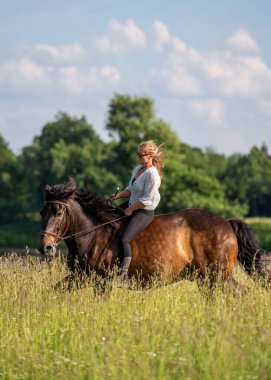 Uzun otların arasında son sürat ata binen bir kadın görüntüsü. Saçlarındaki rüzgar ve geniş alan macerayı, özgürlüğü ve doğal zarafeti iletir..
