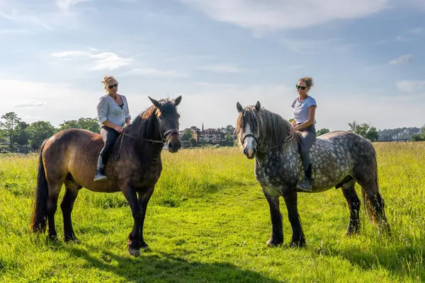 Uzun çim tarlasında ata binen iki kızla eyersiz binme sahnesi. Doğal ışıklandırma ve huzur ortamı özgürlüğü, bağlantıyı ve açık hava yaşam tarzını ön plana çıkarıyor.