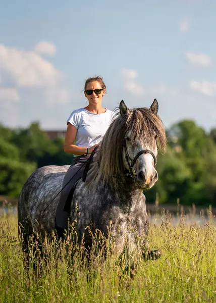 Çimenli tarlanın ortasında, benekli gri atın üzerinde eyersiz oturan huzurlu bir kız anı. Özgürlük, iç huzuru ve insan ile hayvan arasındaki bağı yakalar..