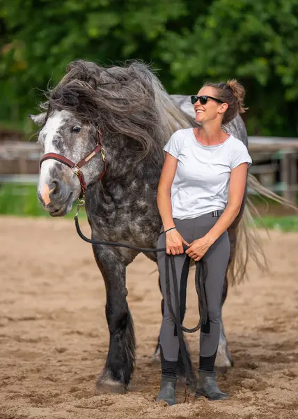 Açık renkli elbiseli, güneş gözlüklü, gri elma atının yanında duran büyük bir kadın binici tavası. At namlusunu sallıyor, yelesi gelişiyor. İnsan hayvan etkileşiminin duygusal anı.