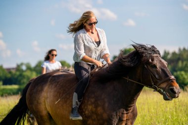Güneş gözlüklü iki genç kadın, parlak güneşin altında at sırtında yeşil alanda hızla ata biniyorlar. Yaşam tarzı, özgürlük, doğa ve yaz maceraları. Kırsal alanlar
