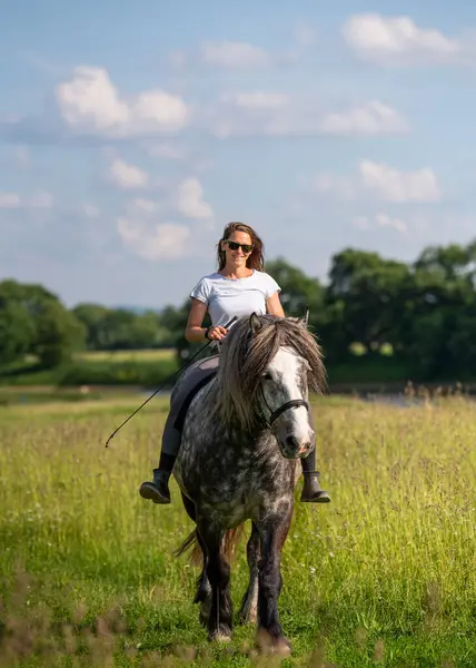 Güneşli çayırlarda doğanın tadını çıkaran at sırtında bir kadınla huzurlu bir kır manzarası. Ekonomik yaşam, sürdürülebilir seyahat, yavaş yaşam tarzı ve açık hava refahı için ideal bir kavram..