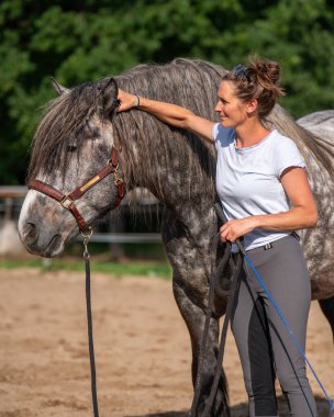 Genç çiftçi kadın dapple gri atını nazikçe kulağının arkasından okşar. Kırsal kesimdeki çiftlikte hassas bir an, güven, bakım ve hayvan ve insan arasındaki derin bağı simgeliyor..