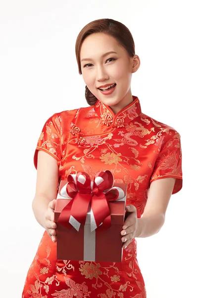 Feliz Año Nuevo Chino Hermosa Mujer Asiática Joven Con Cheongsam —  Fotos de Stock