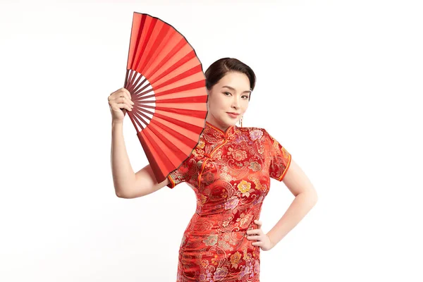 Asian Chinese Woman Traditional Cheongsam Qipao Dress White Background Chinese —  Fotos de Stock
