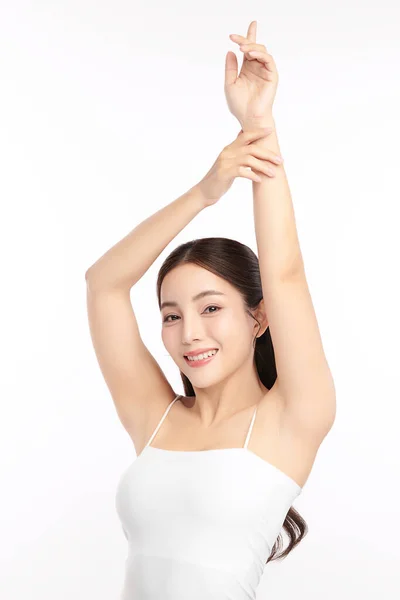 Krásná Mladá Asijská Žena Zvedání Ruce Předvést Čisté Hygienické Podpaží — Stock fotografie