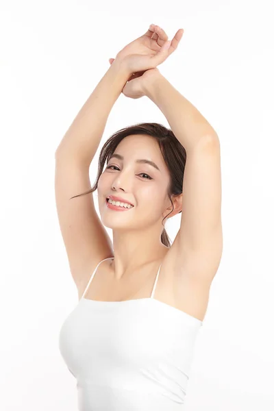Hermosa Mujer Asiática Joven Levantando Las Manos Para Mostrar Las — Foto de Stock