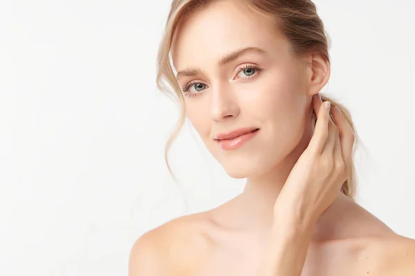 Beautiful Young Woman Clean Fresh Skin White Background Face Care — Stock Photo, Image