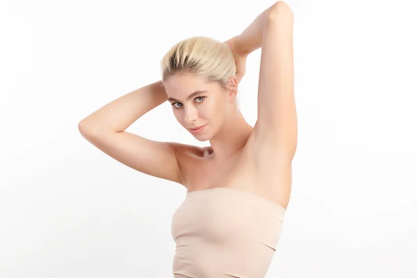 Beautiful Young Woman Lifting Hands Show Clean Hygienic Armpits Underarms — Stock Photo, Image