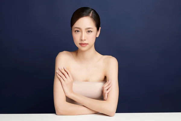 Beautiful Young Asian Woman Clean Fresh Skin Blue Background Face —  Fotos de Stock