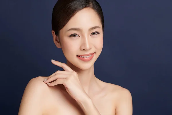 Beautiful Young Asian Woman Clean Fresh Skin Blue Background Face —  Fotos de Stock