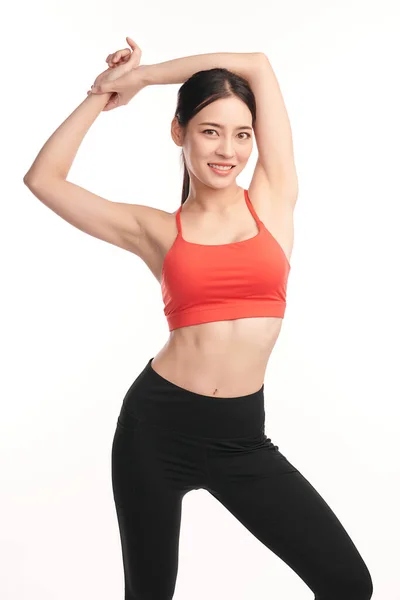 Mooie Jonge Aziatische Sportvrouw Met Sportkleding Klaar Voor Oefening Witte — Stockfoto