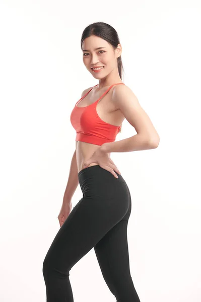 Piękna Młoda Azjatycka Kobieta Sportowa Odzieżą Sportową Gotowa Ćwiczeń Białym — Zdjęcie stockowe