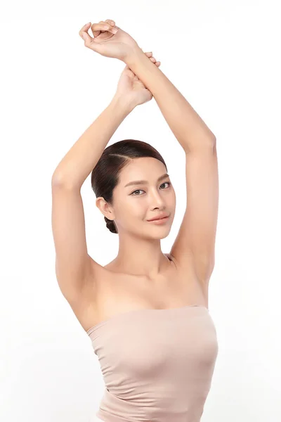 Bella Giovane Donna Asiatica Alzando Mani Mostrare Ascelle Pulite Igieniche — Foto Stock