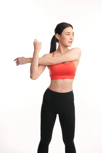 Mooie Jonge Aziatische Sportvrouw Met Sportkleding Klaar Voor Oefening Witte — Stockfoto