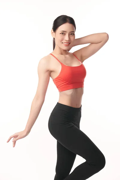 身穿白色背景运动服 穿着广告运动服和瑜伽服 健康生活方式 运动的漂亮年轻亚洲女运动员 — 图库照片