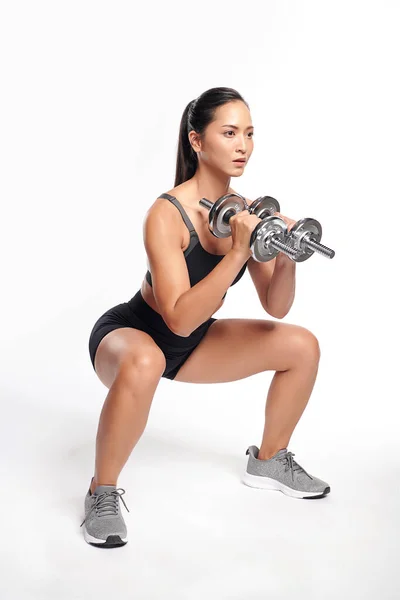 Asian Woman Working Out Dumbbells Wearing Sport Exercise Suit White — Stock Photo, Image