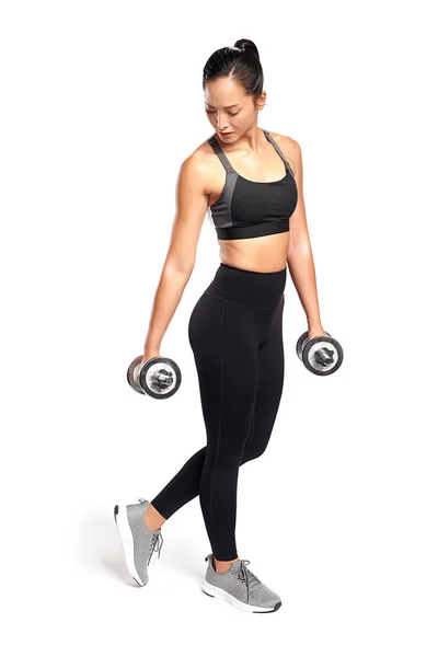 Asian Woman Working Out Dumbbells Wearing Sport Exercise Suit White Stock Image