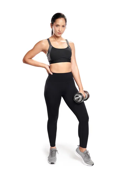 Asian Woman Working Out Dumbbells Wearing Sport Exercise Suit White Stock Picture