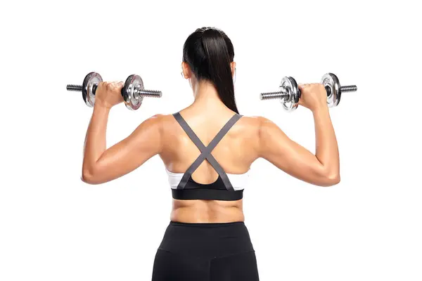 Asian Woman Working Out Dumbbells Wearing Sport Exercise Suit White Stock Photo