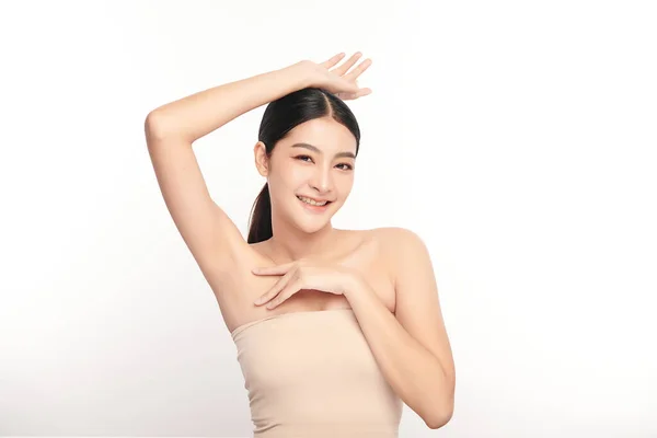 Hermosa Mujer Asiática Joven Levantando Las Manos Para Mostrar Las —  Fotos de Stock