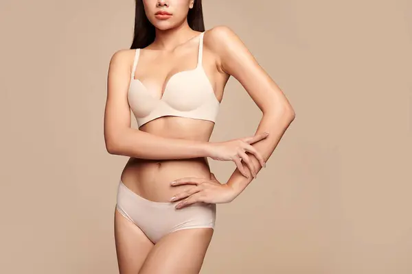 Confident Beautiful Young Asian Woman Posing White Lingerie Beige Background — Stock Photo, Image