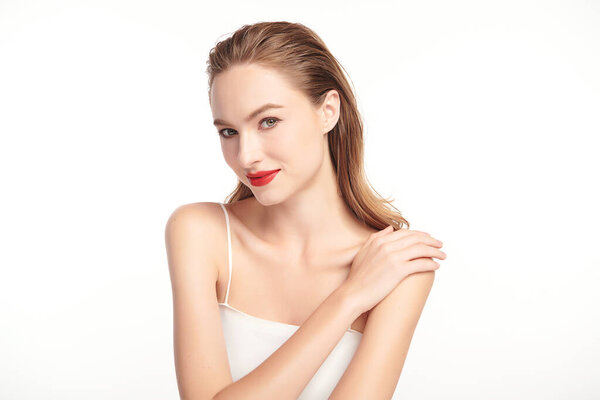 Beautiful young woman with clean fresh skin on white background, Face care, Facial treatment, Cosmetology, beauty and spa, women portrait.