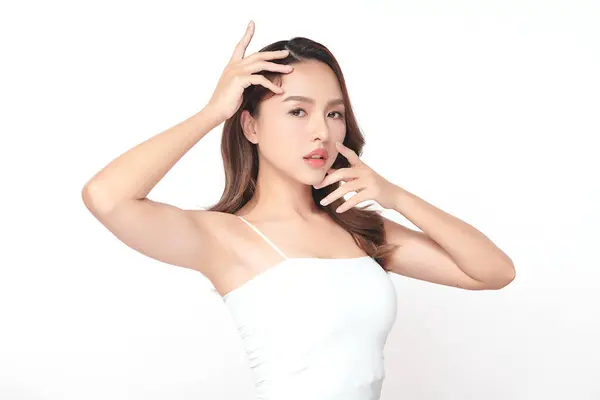 Kaunis Nuori Aasialainen Nainen Nostaa Kädet Ylös Keuliminen Puhdas Hygieeninen — kuvapankkivalokuva
