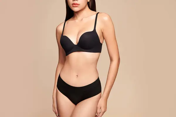Confident Beautiful Young Asian Woman Posing Black Lingerie Beige Background — Stock Photo, Image