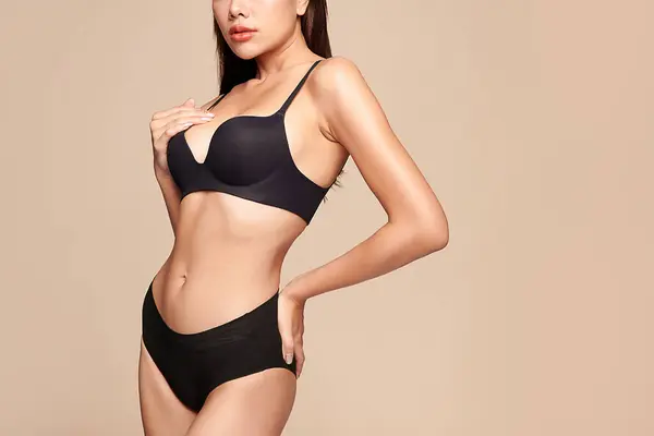 Confident Beautiful Young Asian Woman Posing Black Lingerie Beige Background — Stock Photo, Image
