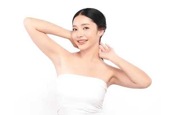 Mulher Asiática Bonita Levantando Mãos Para Mostrar Axilas Limpas Higiênicas Imagens Royalty-Free