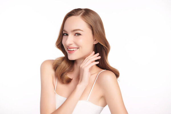 Beautiful young woman with clean fresh skin on white background, Face care, Facial treatment, Cosmetology, beauty and spa, women portrait.