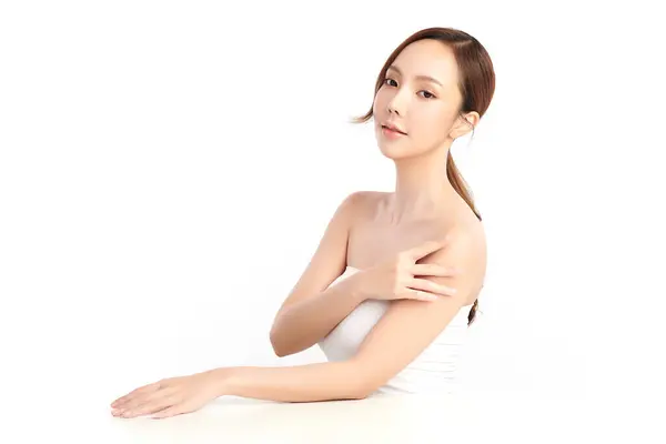 Schöne Junge Asiatische Frau Mit Sauberer Frischer Haut Auf Weißem Stockbild