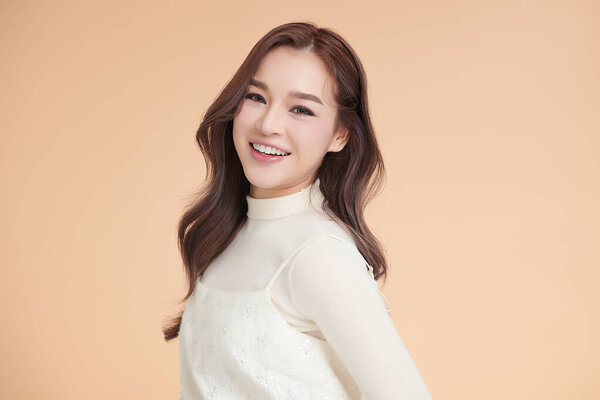 Beautiful Young Asian Woman Clean Fresh Skin Beige Background Face Stock Photo