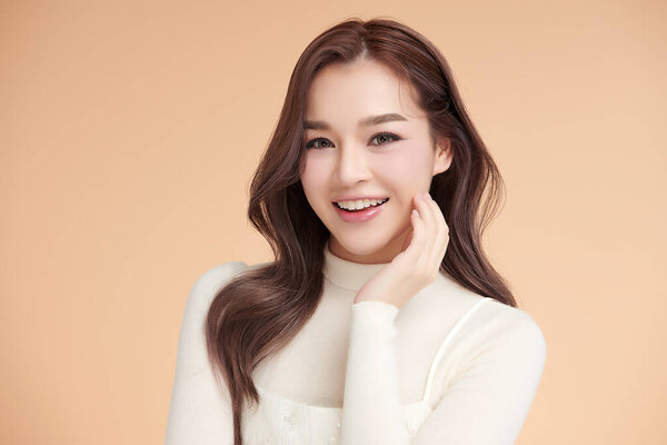Beautiful Young Asian Woman Clean Fresh Skin Beige Background Face Stock Photo