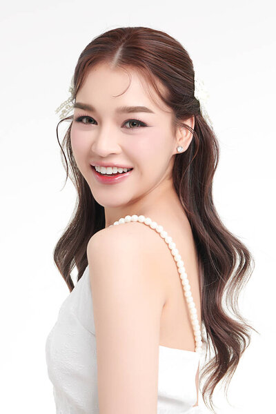 Beautiful Young Asian Woman Clean Fresh Skin White Background Face Stock Image