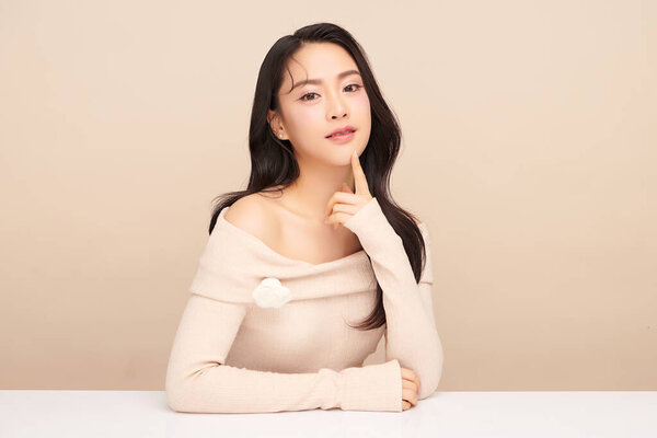 Beautiful Young Asian Woman Clean Fresh Skin Beige Background Face Stock Photo