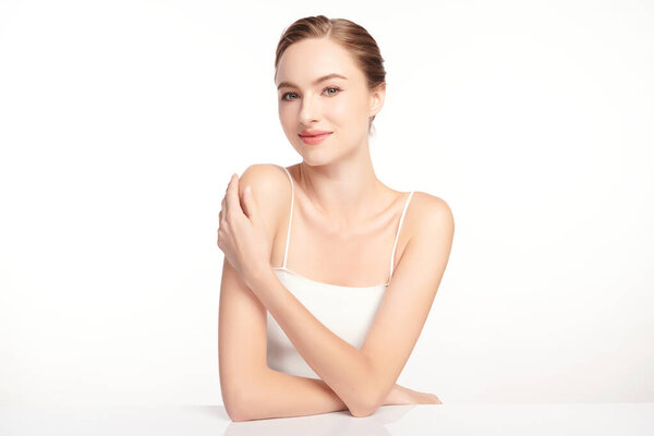 Beautiful young woman with clean fresh skin on white background, Face care, Facial treatment, Cosmetology, beauty and spa, women portrait.