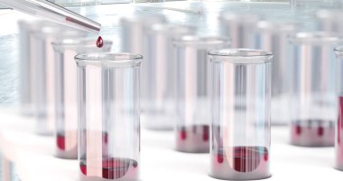 3D test tüpü sırası oluşturuluyor. Tıbbi ya da bilim laboratuarı kavramı, mavi ve kırmızı tonlu damlacık, yakın plan, mikro fotoğraf.