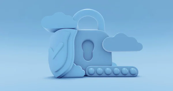 Konzept Sicherheitsschild Schloss Und Häkchen Stilikone Wolkenblauen Pastellstil Bunter Hintergrund — Stockfoto