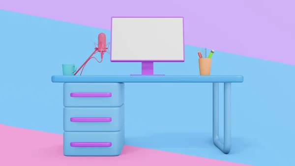 在家工作的概念 漂亮的工作 现代办公桌与计算机 最小的工作从家庭内部的概念 紫色背景 3D渲染漫画 — 图库照片