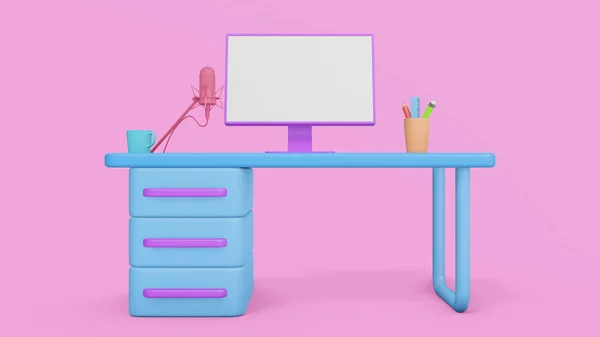 Concept home working. Lovely job. Modern Desk with computer. minimal work from home interior concept. Purple background. 3d rendering cartoon