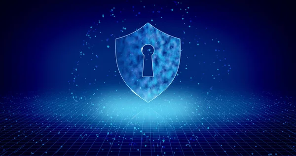 Concept data are safe. Cyber security, computer protection, and internet safety symbol on digital background. 3D hologram with padlock sign, code, and glow effect. Abstract concept animation.